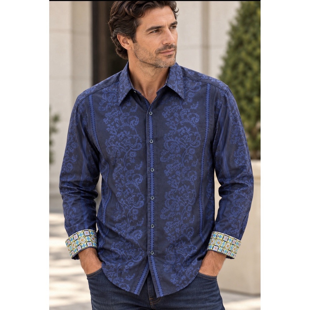 Robert Graham Limited Edition G Ron Button Down Sport Shirt Mens Large Blue Silk